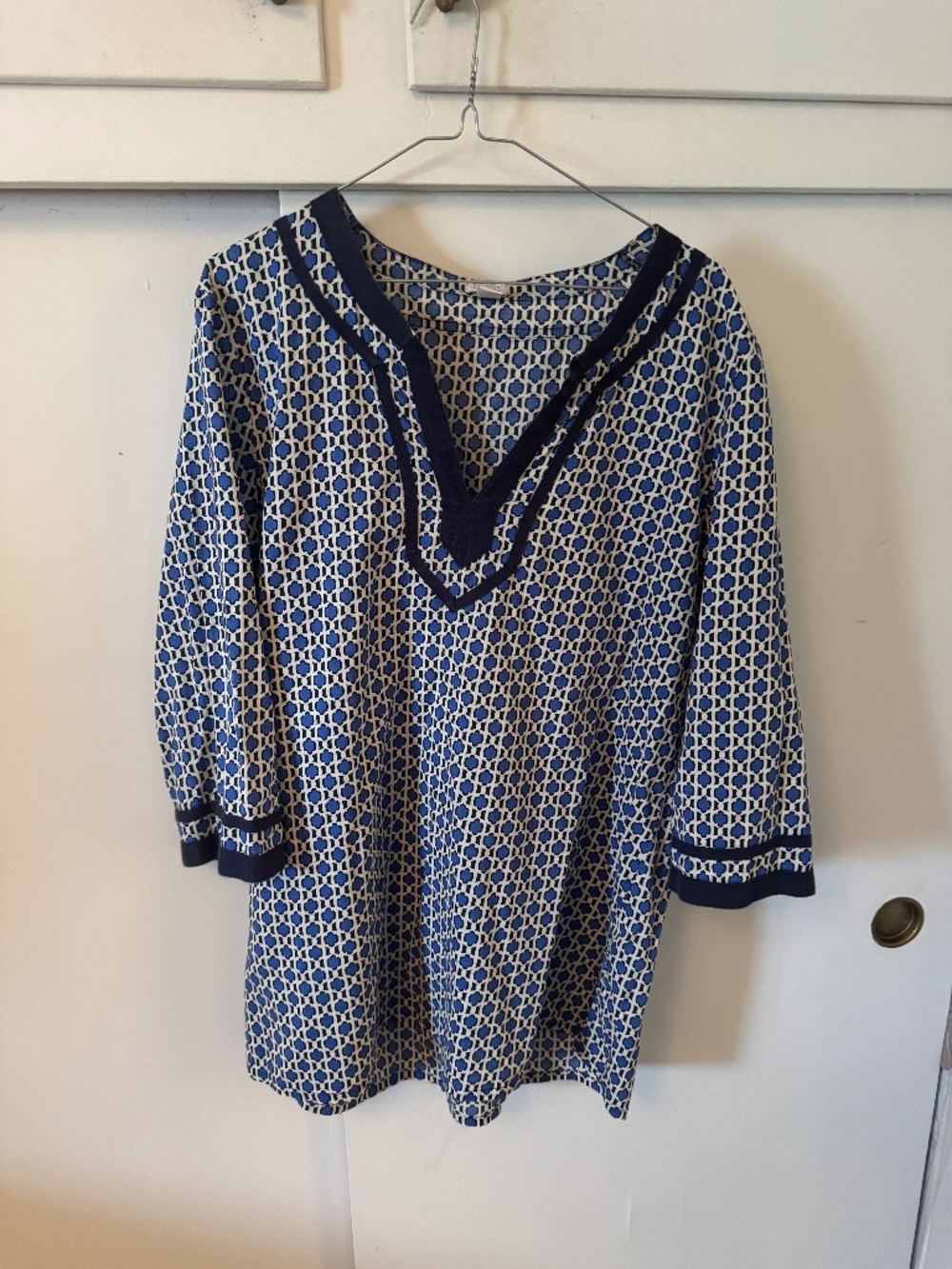 J Crew Printed Poplin Tunic Size XL Navy Blue White Geometric